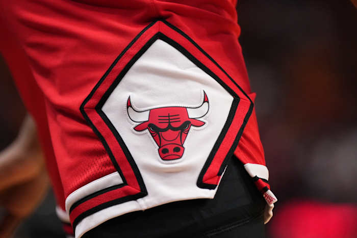 A detailed view of the Chicago Bulls logo on the shorts of Chicago Bulls guard Ayo Dosunmu (12) during the first half against the Miami Heat at Kaseya Cente